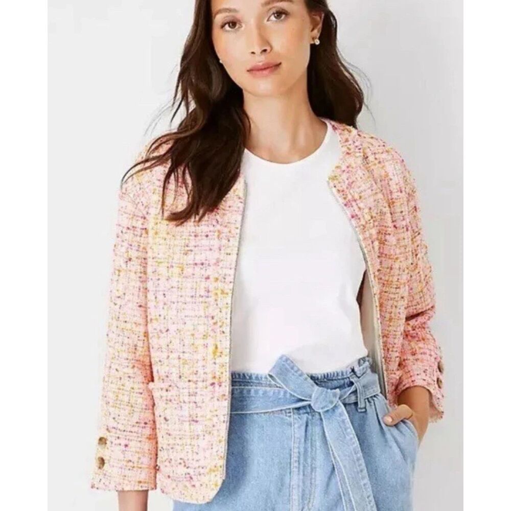 Ann Taylor Tweed Blazer Jacket Women's 8 Pink Zip Up Preppy 3/4 Sleeve Chic NWT